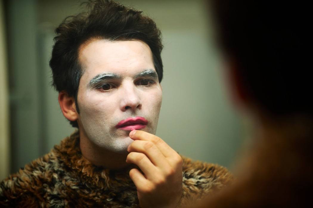 Jason (Johnathan Sousa) puts on his clown make-up in The Animal Project | Photo by John Gundy.