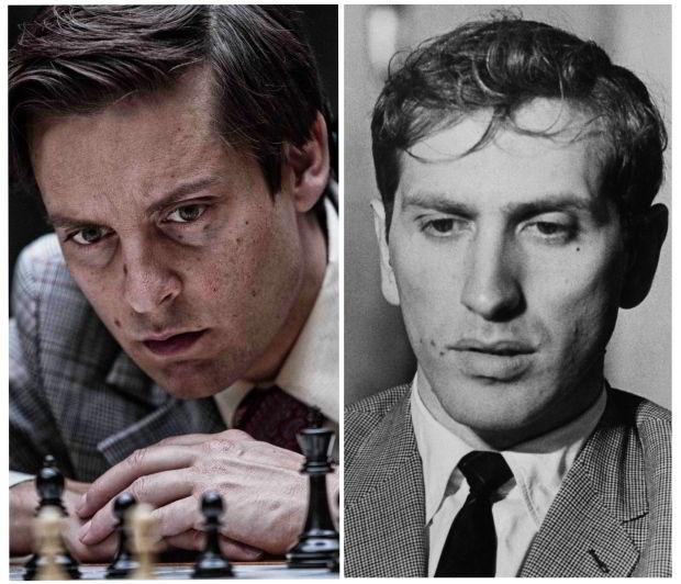Tobey Maguire playing Bobby Fischer in Pawn Sacrifice. Bobby Fischer seen on right.