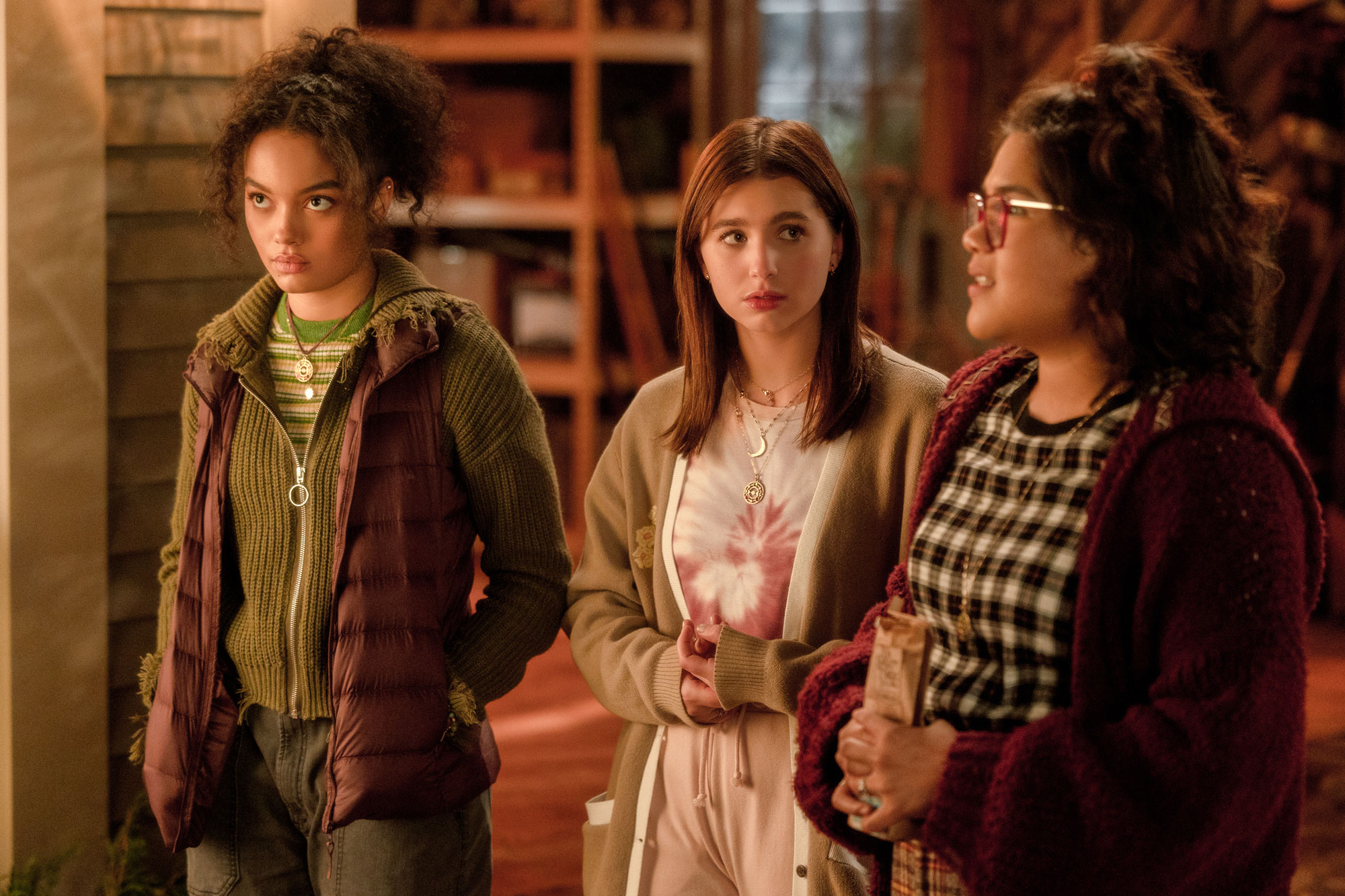 (L-R): Whitney Peak as Becca, Lilia Buckingham as Cassie, and Belissa Escobedo as Izzy in HOCUS POCUS 2, exclusively on Disney+. Photo by Matt Kennedy. © 2022 Disney Enterprises, Inc. All Rights Reserved.
